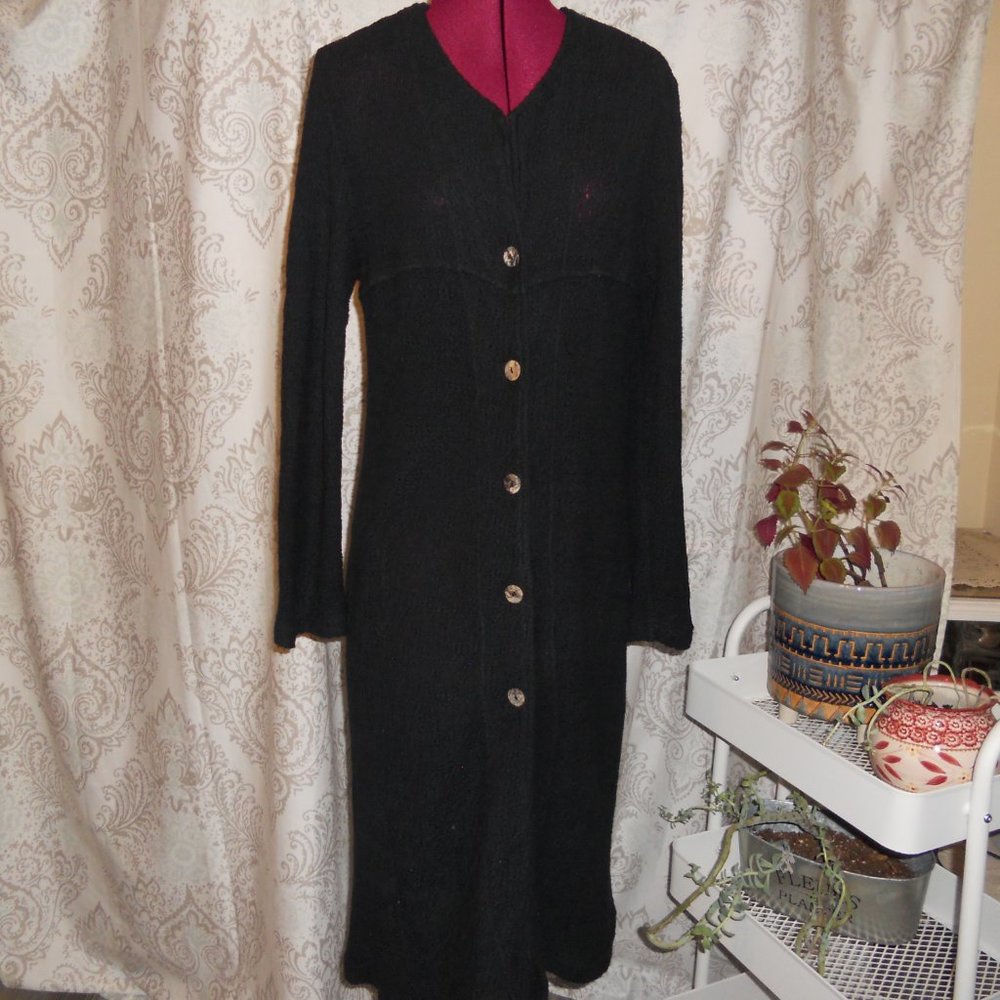 Vtg Monika Turtle Studio M Black Long Cardigan Duster 100% Cotton
